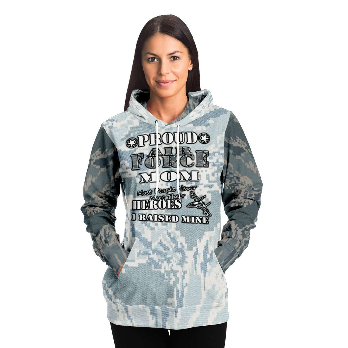 Designs by MyUtopia Shout Out:Proud Air Force Mom, I Raised My Hero Premium Pullover Fashion Hoodie,XS / Gray,Pullover Hoodie - AOP