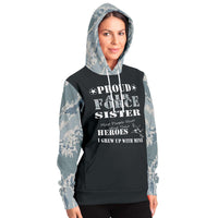 Load image into Gallery viewer, Designs by MyUtopia Shout Out:Proud Air Force Sister, I Grew Up with My Hero Premium Pullover Fashion Hoodie Gray
