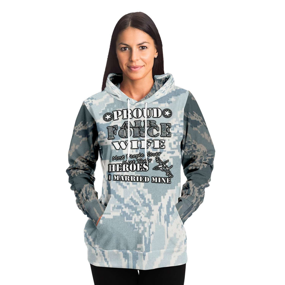 Designs by MyUtopia Shout Out:Proud Air Force Wife, I Married My Hero Premium Pullover Hoodie Gray Camo,XS / Gray,Pullover Hoodie - AOP