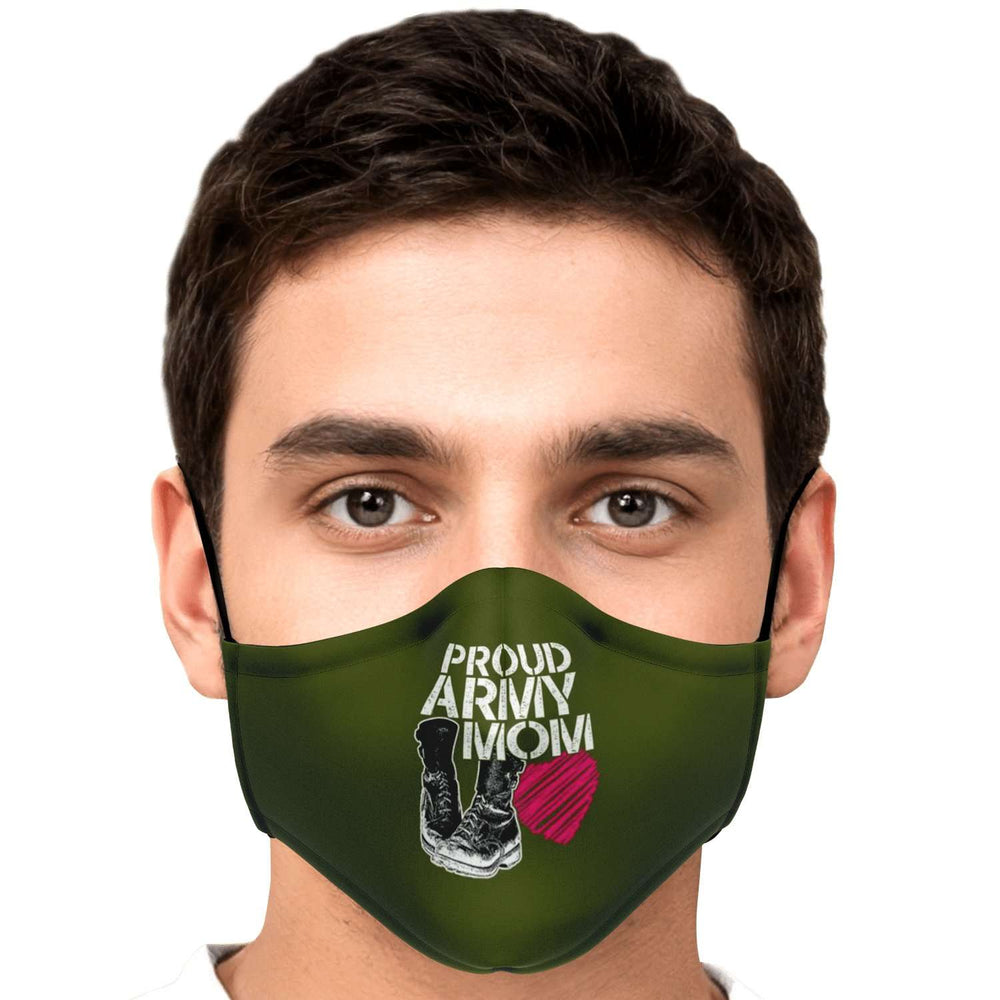 Designs by MyUtopia Shout Out:Proud Army Mom, Army Boots, Heart Fitted Face mask with adjustable ear loops,Adult / Single / No filters,Fabric Face Mask