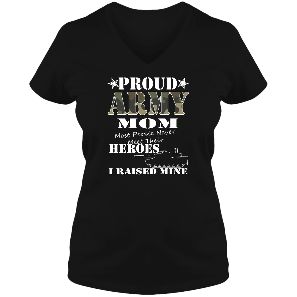 Designs by MyUtopia Shout Out:Proud Army Mom I raised My Hero Adult Ladies Fitted V-Neck Tee Shirt,S / Black,Adult Ladies V-Neck Tee