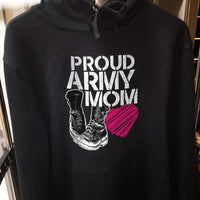 Load image into Gallery viewer, Designs by MyUtopia Shout Out:Proud Army Mom Soldier Boots and Heart Core Fleece Pullover Hoodie
