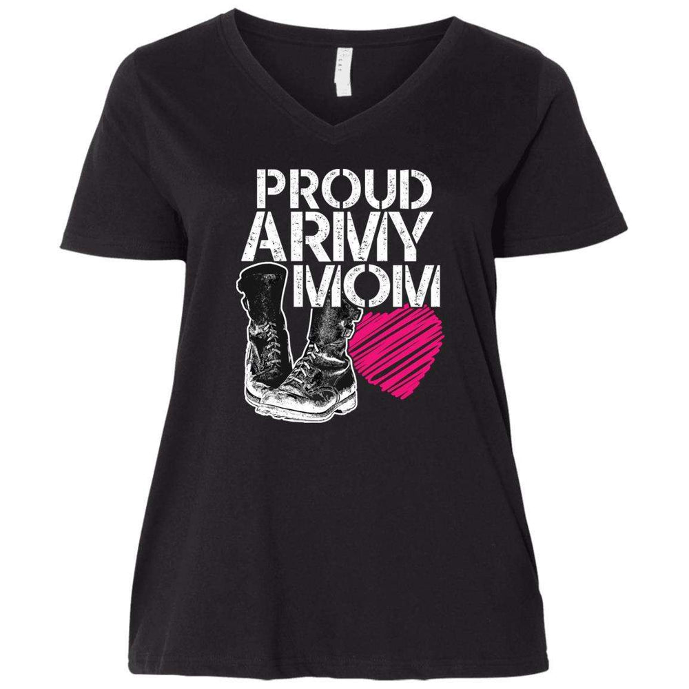 Designs by MyUtopia Shout Out:Proud Army Mom Soldier Boots and Heart Ladies' Curvy V-Neck T-Shirt,Plus 1X / Black,Ladies T-Shirts