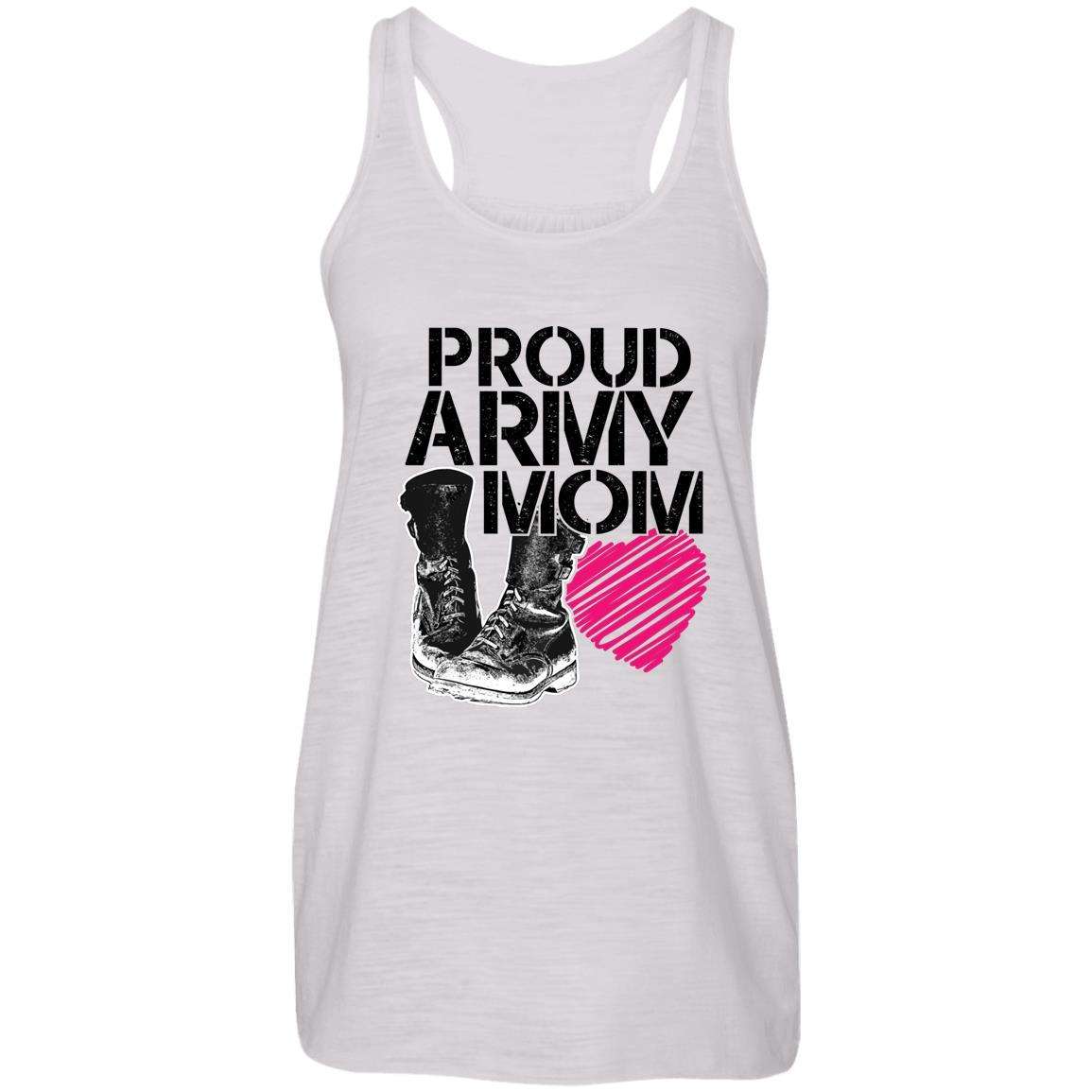 Designs by MyUtopia Shout Out:Proud Army Mom Soldier Boots and Heart Ladies Flowy Racer-back Tank Top,Vintage White / X-Small,Tank Tops