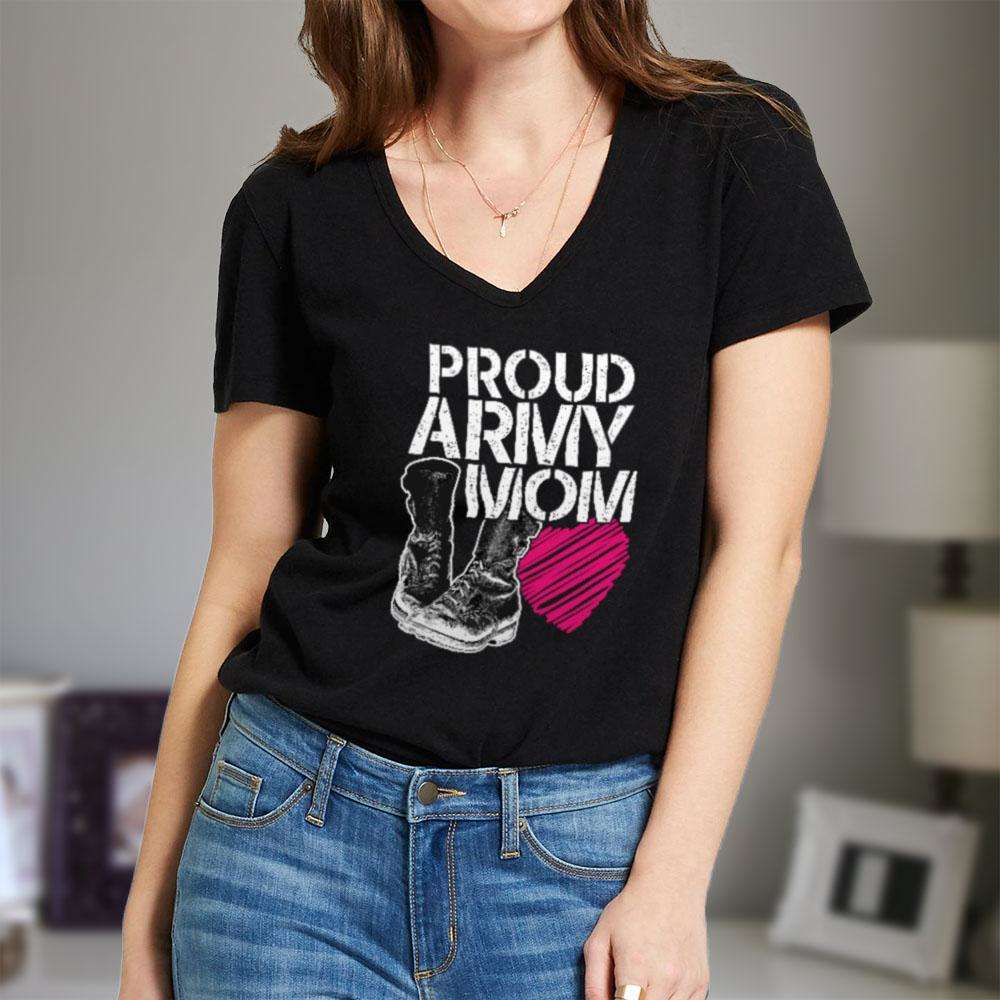 Designs by MyUtopia Shout Out:Proud Army Mom Soldier Boots and Heart Ladies' V-Neck T-Shirt