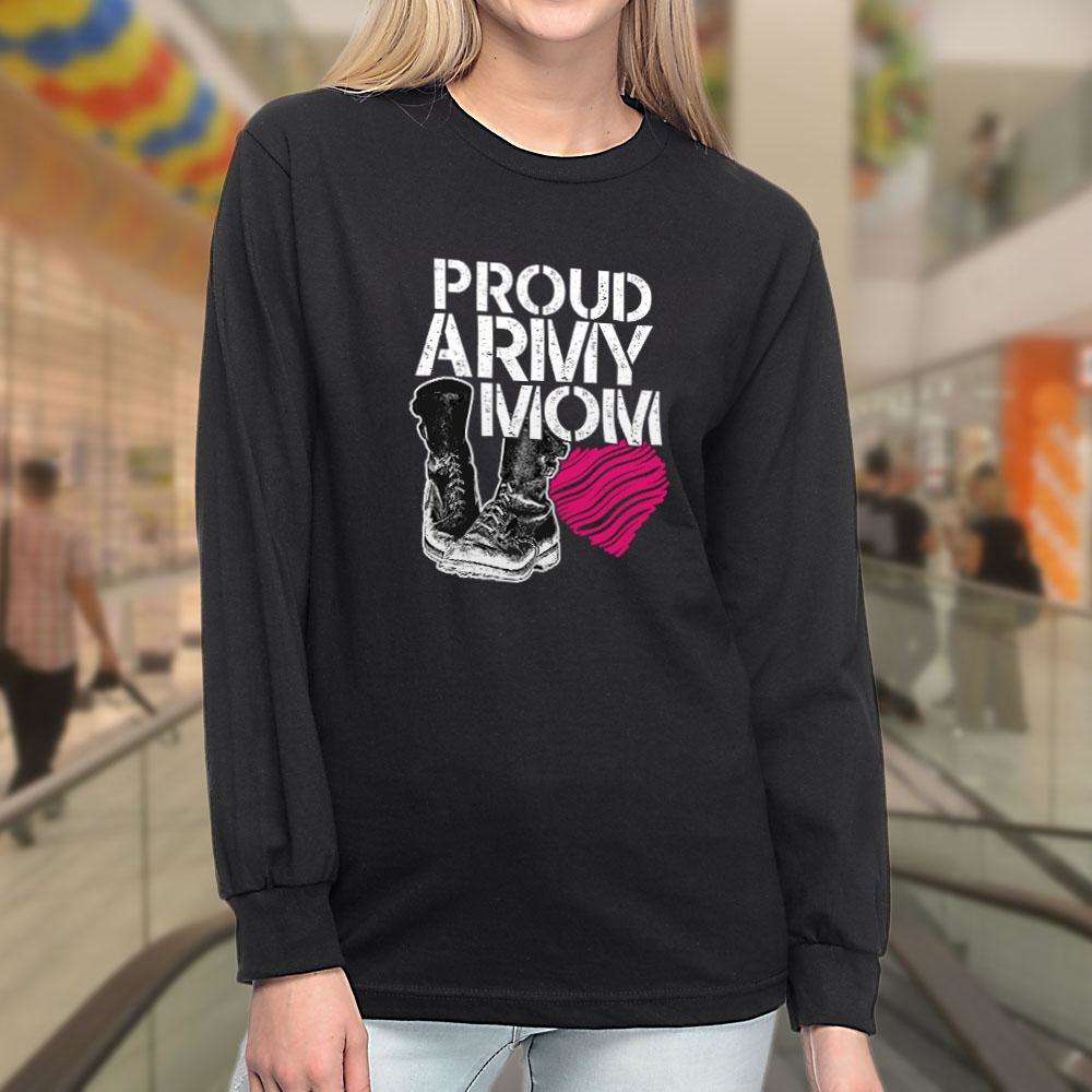 Designs by MyUtopia Shout Out:Proud Army Mom Soldier Boots and Heart Long Sleeve Ultra Cotton Unisex T-Shirt,Black / S,Long Sleeve T-Shirts