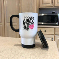 Load image into Gallery viewer, Designs by MyUtopia Shout Out:Proud Army Mom Soldier Boots and Heart Travel Mug
