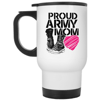 Load image into Gallery viewer, Designs by MyUtopia Shout Out:Proud Army Mom Soldier Boots and Heart Travel Mug,White / One Size,Travel Mug
