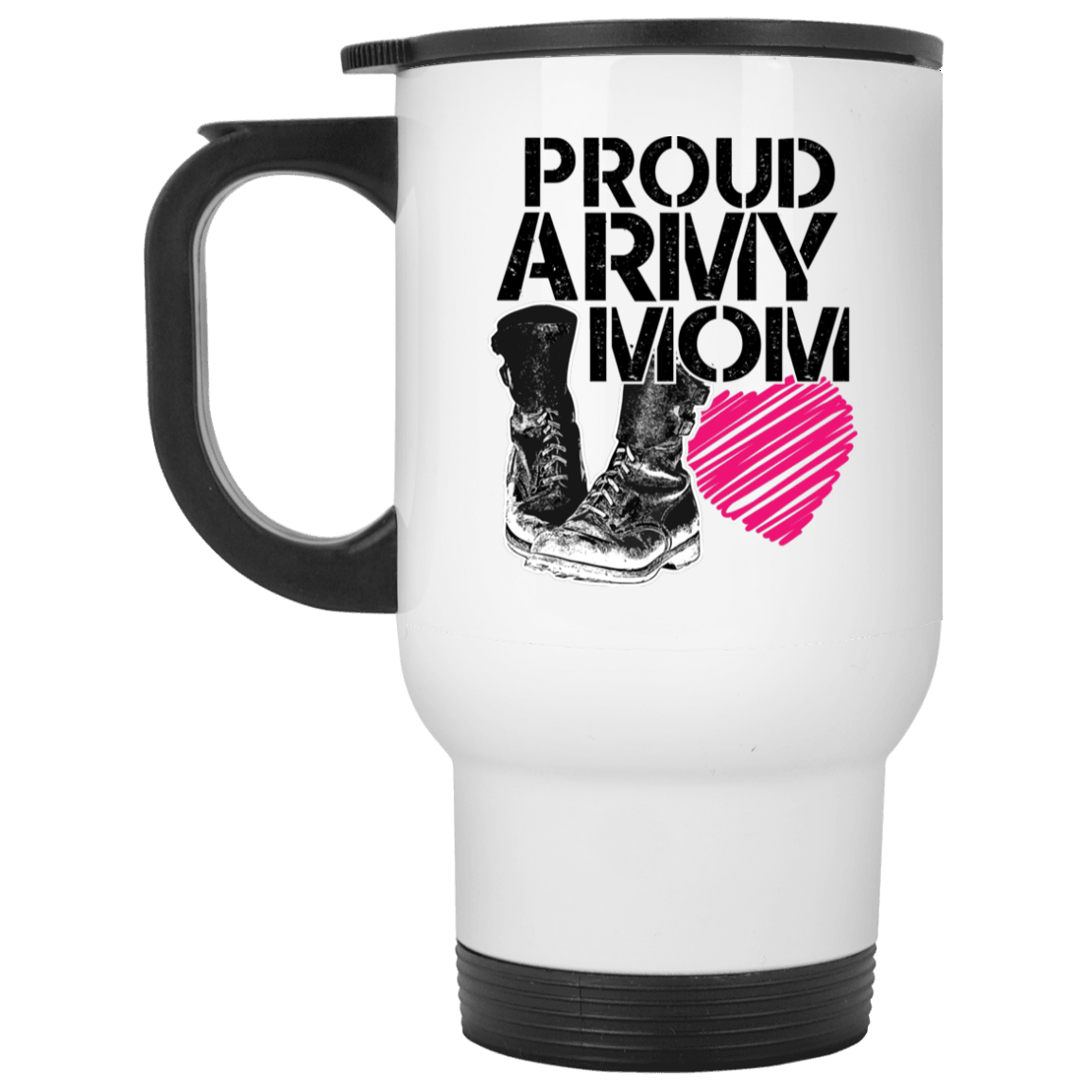 Designs by MyUtopia Shout Out:Proud Army Mom Soldier Boots and Heart Travel Mug,White / One Size,Travel Mug