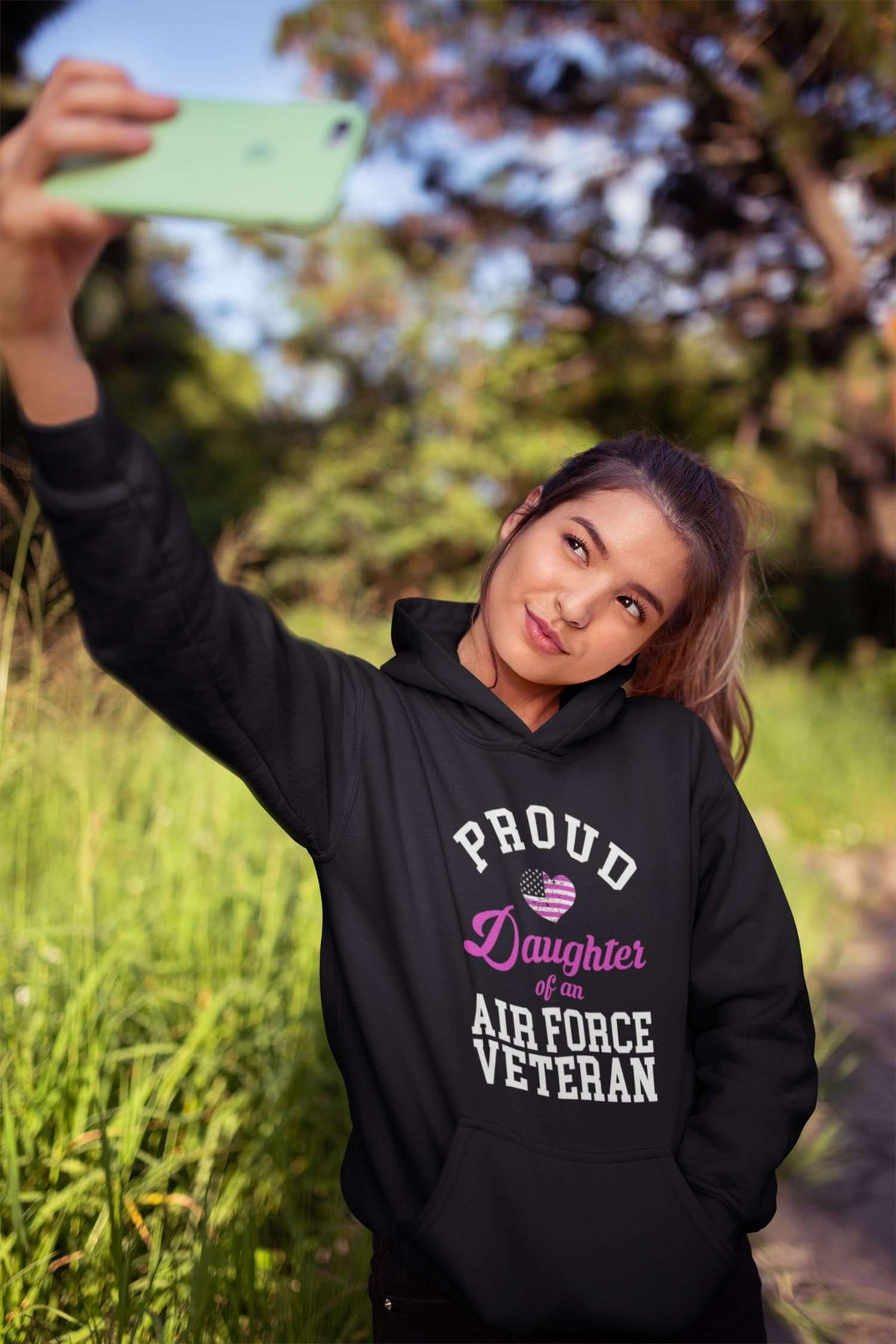 Designs by MyUtopia Shout Out:Proud Daughter of an Air Force Veteran Core Fleece Pullover Hoodie,Black / S,Pullover Hoodie