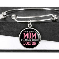 Load image into Gallery viewer, Designs by MyUtopia Shout Out:Proud Mom of a Freakin&#39; Awesome Doctor Engravable Keepsake Bangle Round Bracelet - Black,Silver / No,Bracelets
