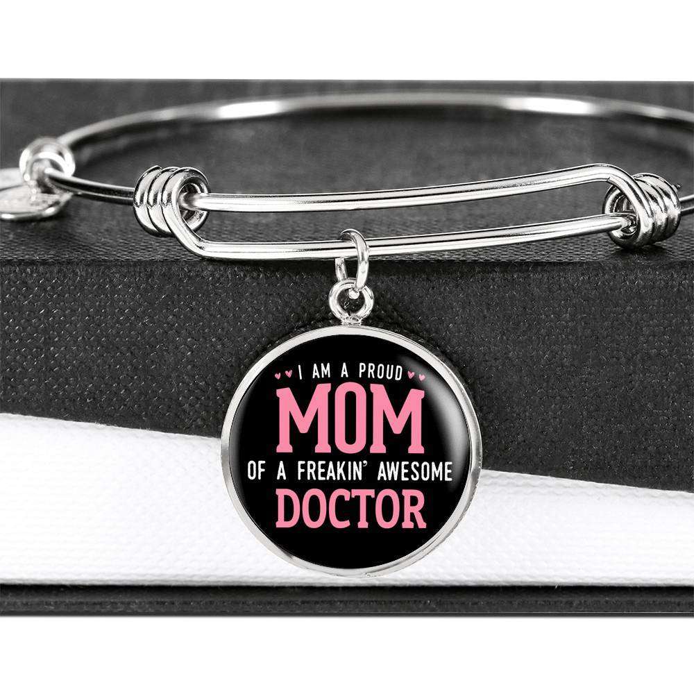 Designs by MyUtopia Shout Out:Proud Mom of a Freakin' Awesome Doctor Engravable Keepsake Bangle Round Bracelet - Black,Silver / No,Bracelets