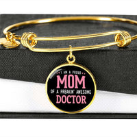 Load image into Gallery viewer, Designs by MyUtopia Shout Out:Proud Mom of a Freakin&#39; Awesome Doctor Engravable Keepsake Bangle Round Bracelet - Black,Gold / No,Bracelets
