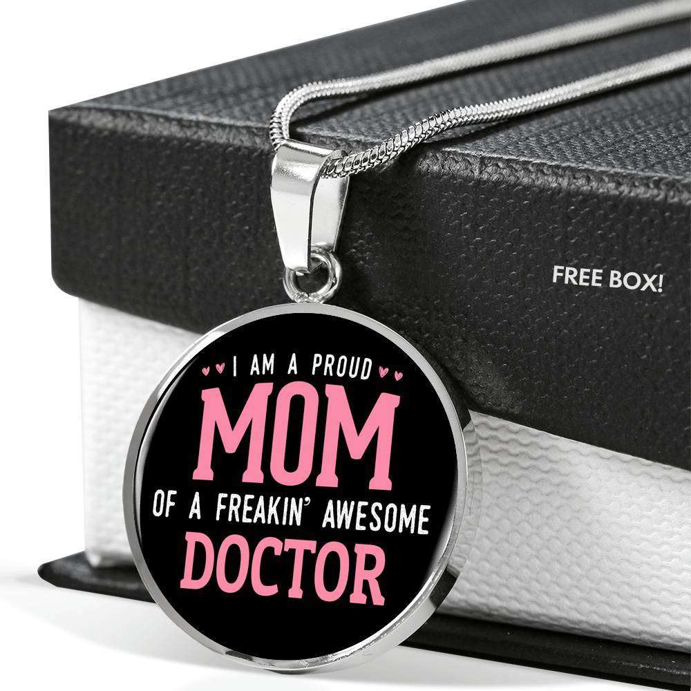 Designs by MyUtopia Shout Out:Proud Mom of a Freakin' Awesome Doctor Engravable Keepsake Round Pendant Necklace - Black