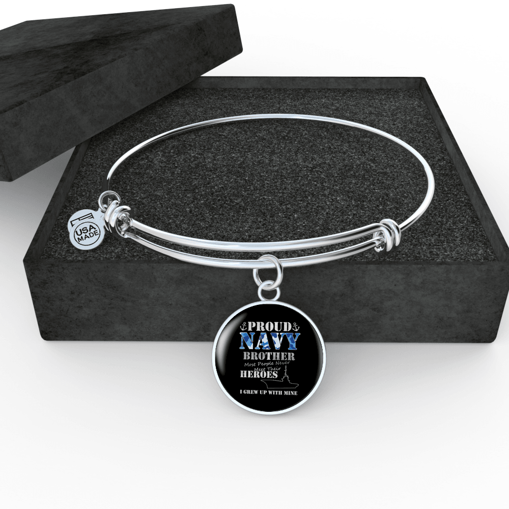 Designs by MyUtopia Shout Out:Proud Navy Brother Personalized Engravable Keepsake Bangle Bracelet,Silver / No,Wire Bracelet