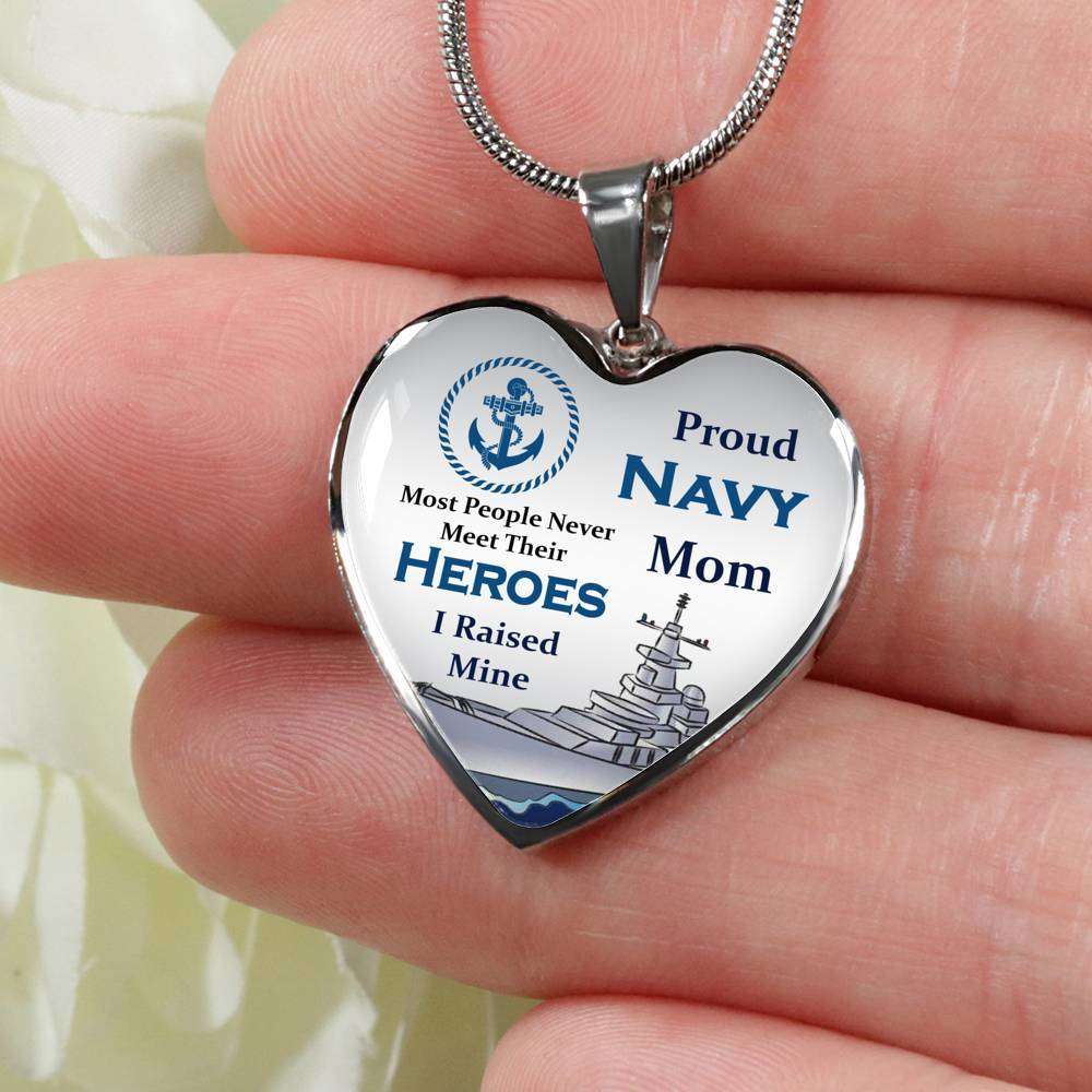 Designs by MyUtopia Shout Out:Proud Navy Mom I Raised My Hero, Keepsake Heart Pendant Necklace, Engrave Your Message on Back, Personalized Gift for Mom