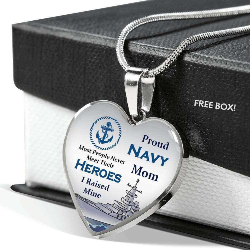 Designs by MyUtopia Shout Out:Proud Navy Mom I Raised My Hero, Keepsake Heart Pendant Necklace, Engrave Your Message on Back, Personalized Gift for Mom,316L Stainless Silver / No,Heart Pendant Necklace
