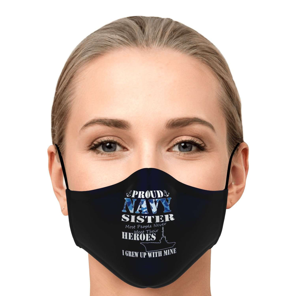 Designs by MyUtopia Shout Out:Proud Navy Sister Fitted Fabric Face Mask with Adjustable Ear Loops Navy Blue