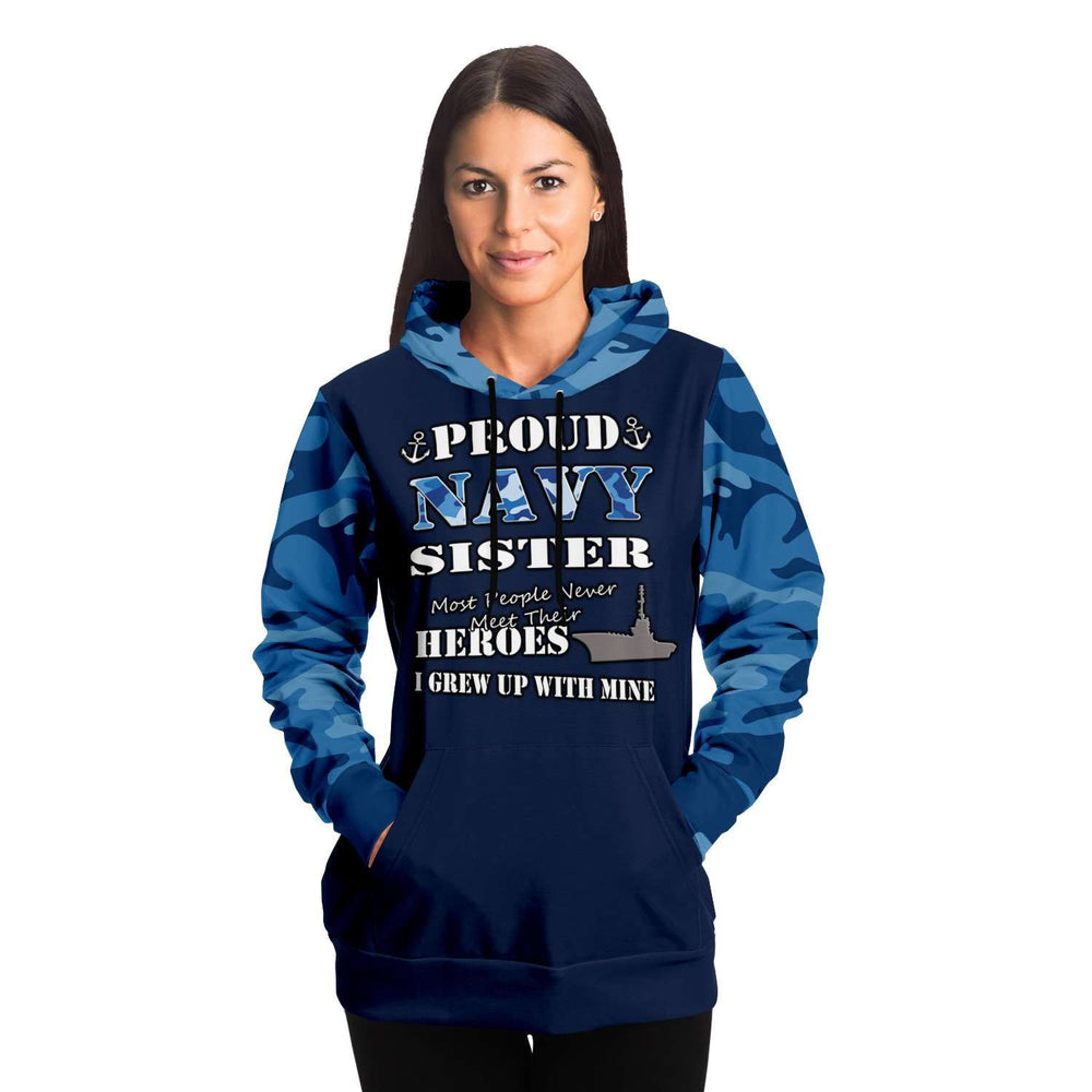 Designs by MyUtopia Shout Out:Proud Navy Sister, I Grew up with My Hero Premium Pullover Fashion Hoodie Gray,XS / Blue,Pullover Hoodie - AOP