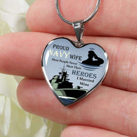 Load image into Gallery viewer, Designs by MyUtopia Shout Out:Proud Navy Wife, I Married My Hero Keepsake Heart Pendant Necklace with Optional Message Engraved on back,316L Stainless Silver / No,Heart Pendant Necklace
