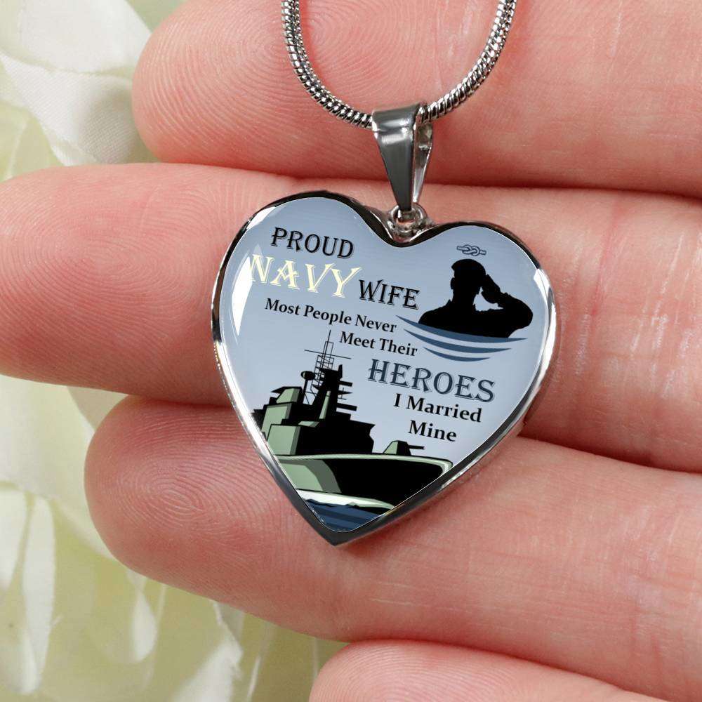 Designs by MyUtopia Shout Out:Proud Navy Wife, I Married My Hero Keepsake Heart Pendant Necklace with Optional Message Engraved on back,316L Stainless Silver / No,Heart Pendant Necklace