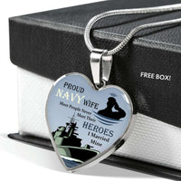 Load image into Gallery viewer, Designs by MyUtopia Shout Out:Proud Navy Wife, I Married My Hero Keepsake Heart Pendant Necklace with Optional Message Engraved on back
