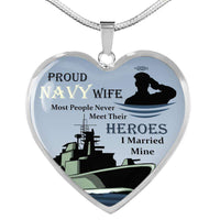 Load image into Gallery viewer, Designs by MyUtopia Shout Out:Proud Navy Wife, I Married My Hero Keepsake Heart Pendant Necklace with Optional Message Engraved on back
