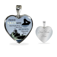 Load image into Gallery viewer, Designs by MyUtopia Shout Out:Proud Navy Wife, I Married My Hero Keepsake Heart Pendant Necklace with Optional Message Engraved on back,316L Stainless Silver / Yes,Heart Pendant Necklace
