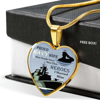 Load image into Gallery viewer, Designs by MyUtopia Shout Out:Proud Navy Wife, I Married My Hero Keepsake Heart Pendant Necklace with Optional Message Engraved on back,18k Gold Finish / No,Heart Pendant Necklace
