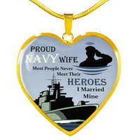 Load image into Gallery viewer, Designs by MyUtopia Shout Out:Proud Navy Wife, I Married My Hero Keepsake Heart Pendant Necklace with Optional Message Engraved on back
