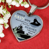 Load image into Gallery viewer, Designs by MyUtopia Shout Out:Proud Navy Wife, I Married My Hero Keepsake Heart Pendant Necklace with Optional Message Engraved on back
