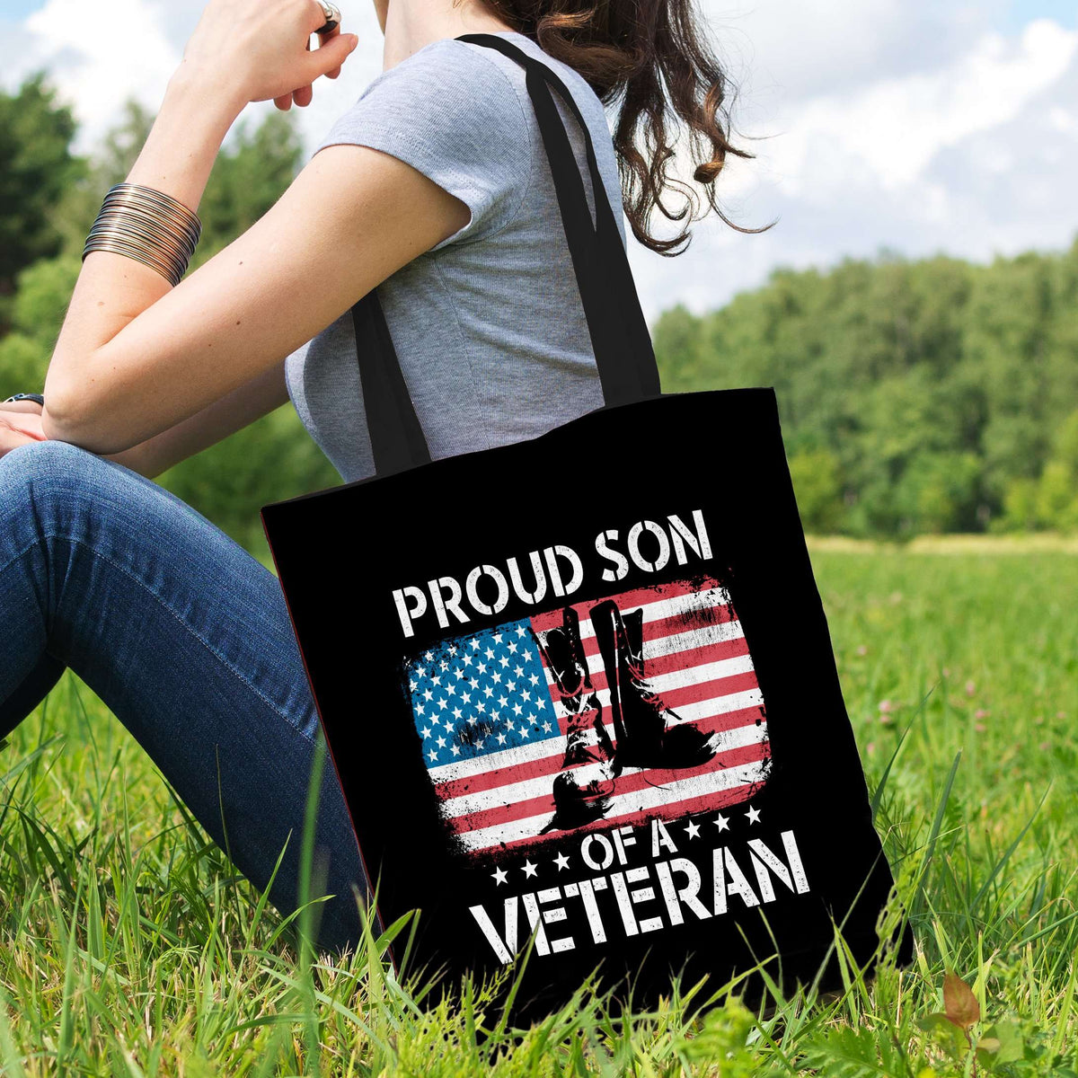 Designs by MyUtopia Shout Out:Proud Son Of A Veteran Fabric Totebag Reusable Shopping Tote