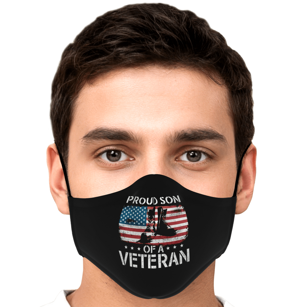 Designs by MyUtopia Shout Out:Proud Son of a Veteran Flag and Army Boots Fitted Face Mask w Adjustable Ear Loops,Adult / Single / No filters,Fabric Face Mask