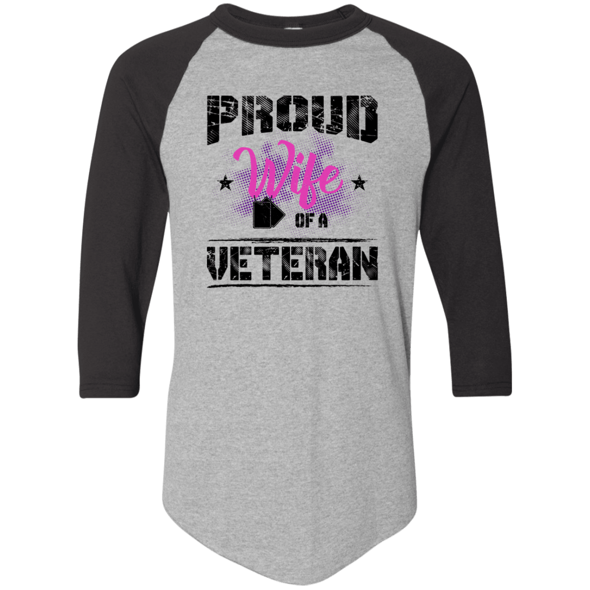 Designs by MyUtopia Shout Out:Proud Wife of a Veteran 3/4 Length Sleeve Color block Raglan Jersey T-Shirt,Athletic Heather/Black / S,T-Shirts