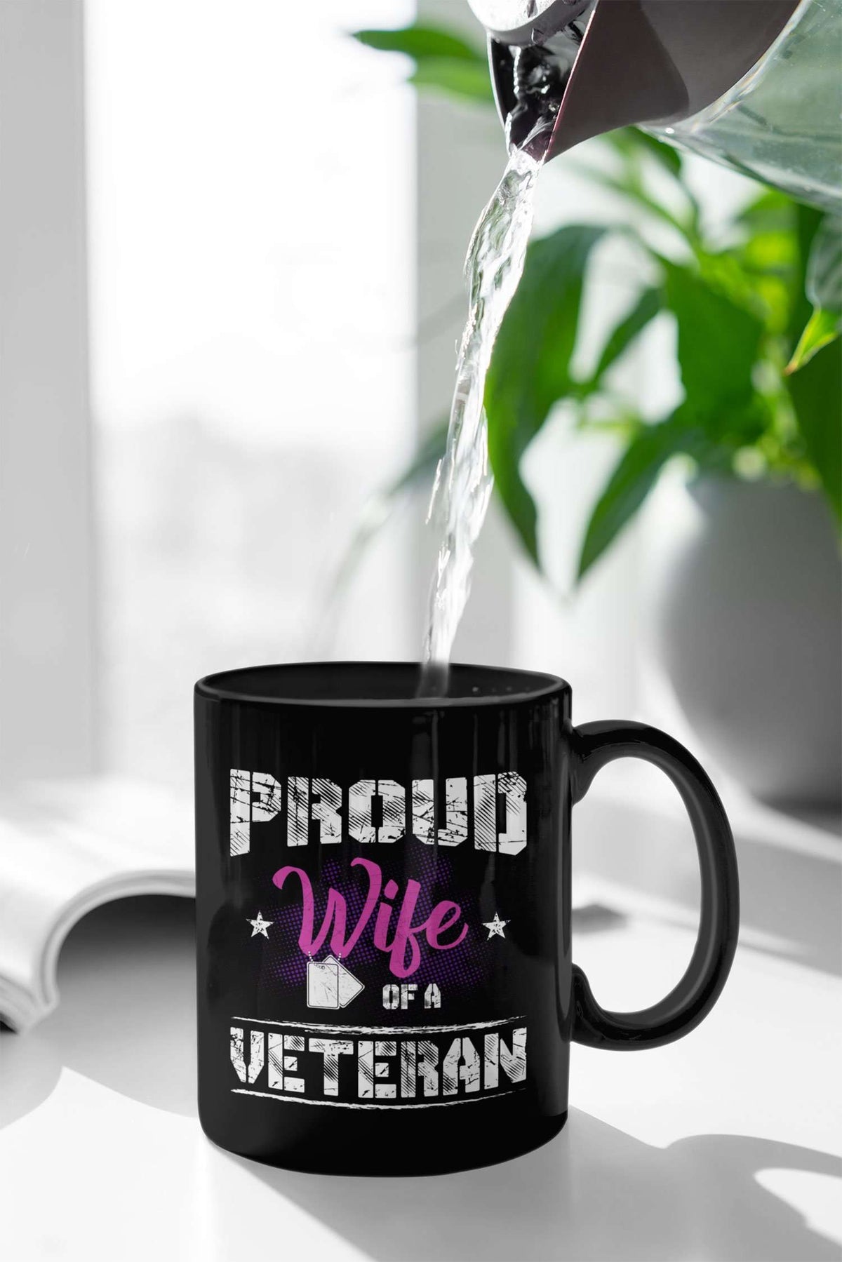 Designs by MyUtopia Shout Out:Proud Wife of a Veteran Ceramic Coffee Mug - Black