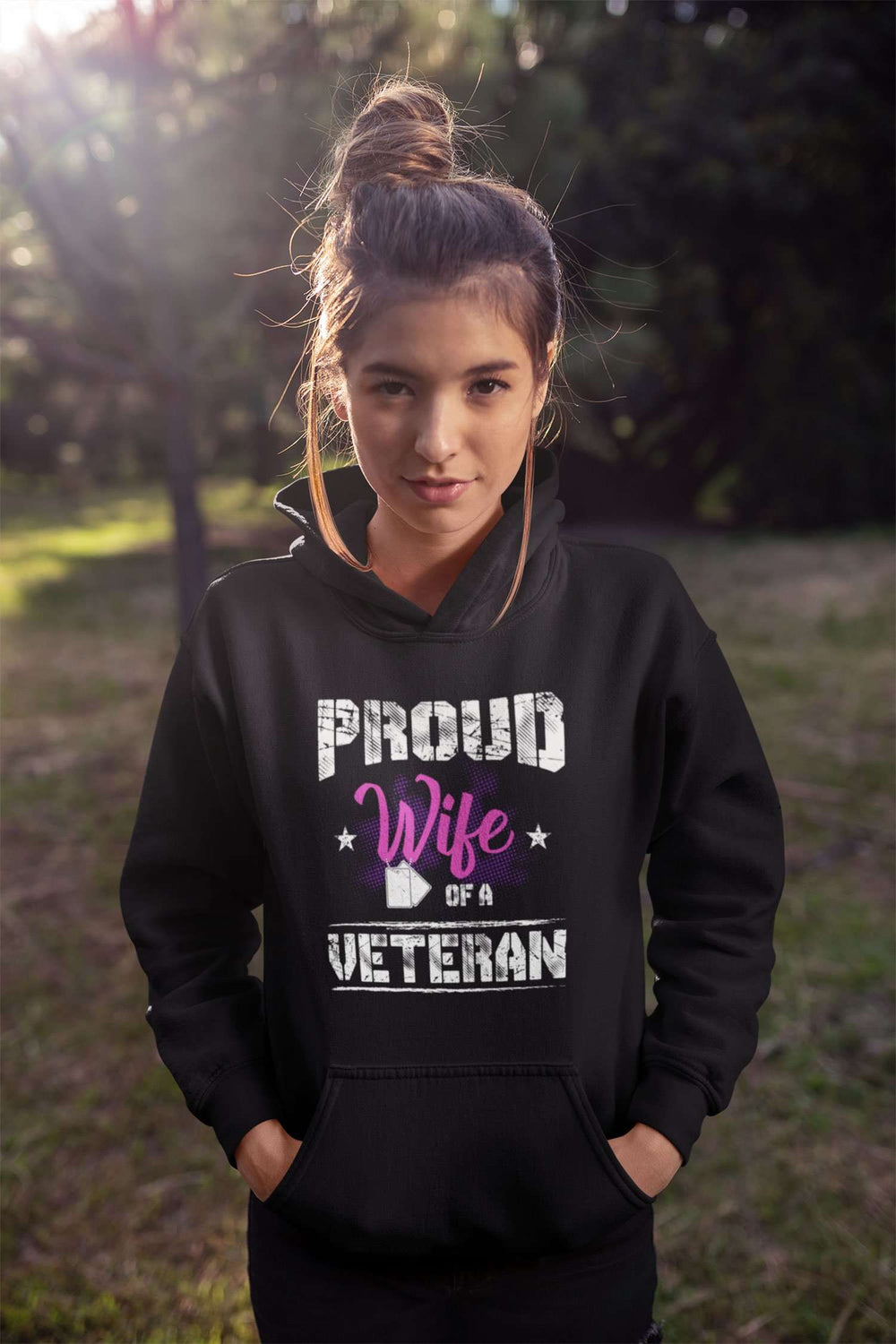 Designs by MyUtopia Shout Out:Proud Wife of a Veteran Core Fleece Pullover Hoodie,Jet Black / S,Pullover Hoodie