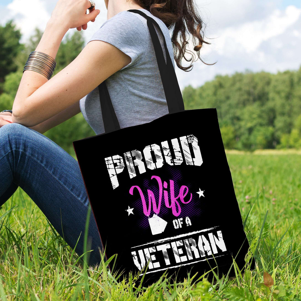 Designs by MyUtopia Shout Out:Proud Wife of a Veteran Fabric Totebag Reusable Shopping Tote