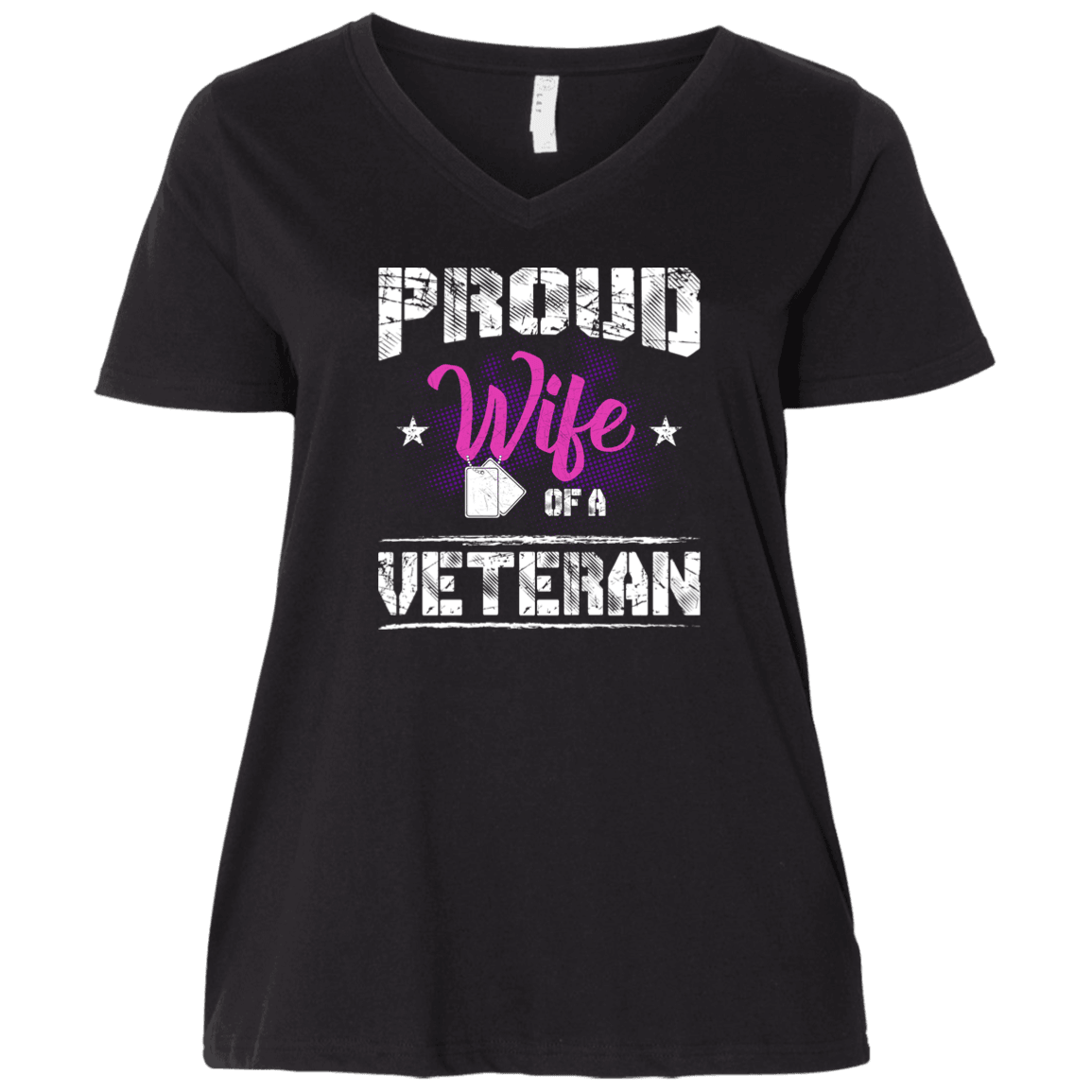 Designs by MyUtopia Shout Out:Proud Wife of a Veteran Ladies' Plus Size Curvy V-Neck T-Shirt,Plus 1X / Black,Ladies T-Shirts