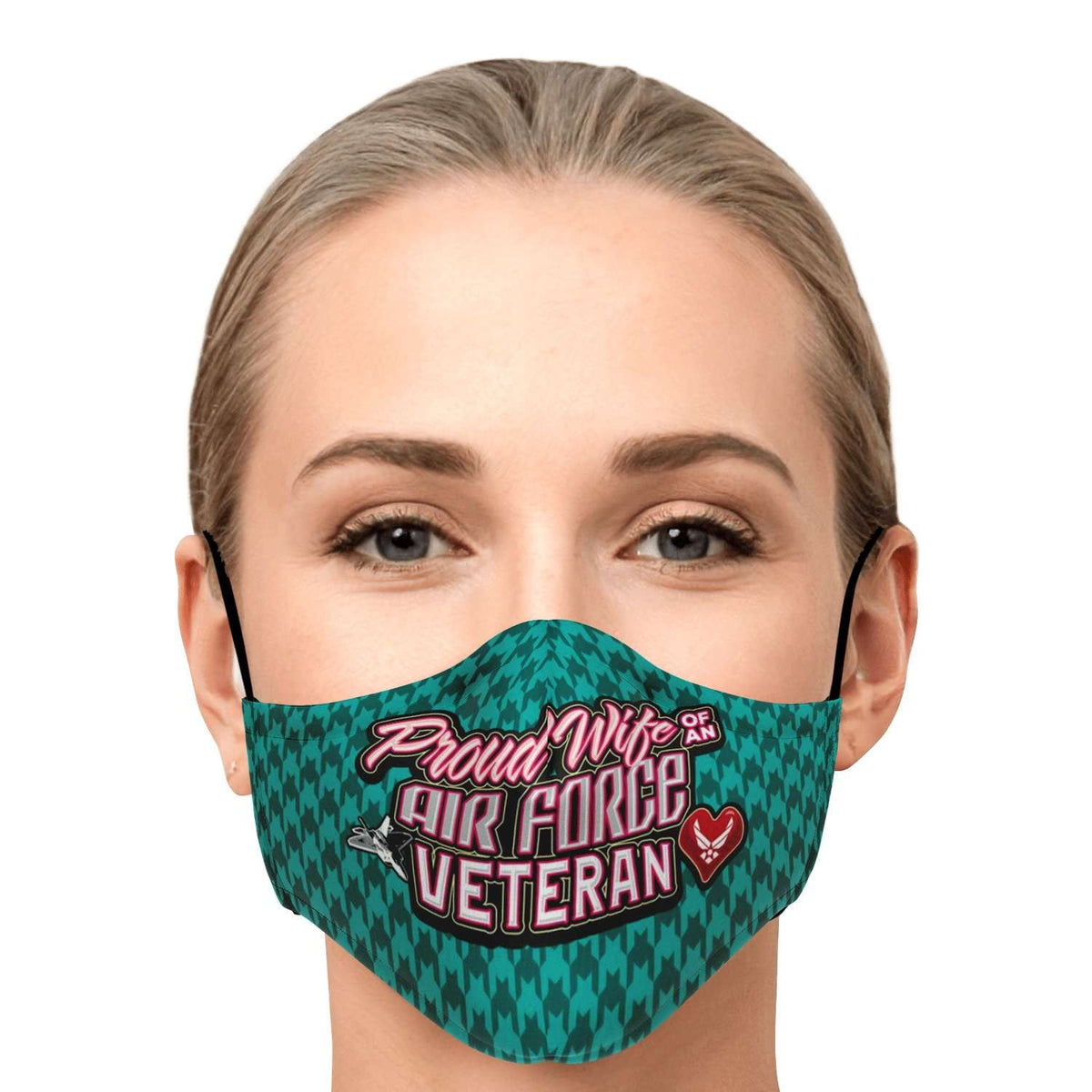 Designs by MyUtopia Shout Out:Proud Wife of an Air Force Veteran Fitted Face Mask with Adjustable Ear Loops,Adult / Single / No filters,Fabric Face Mask