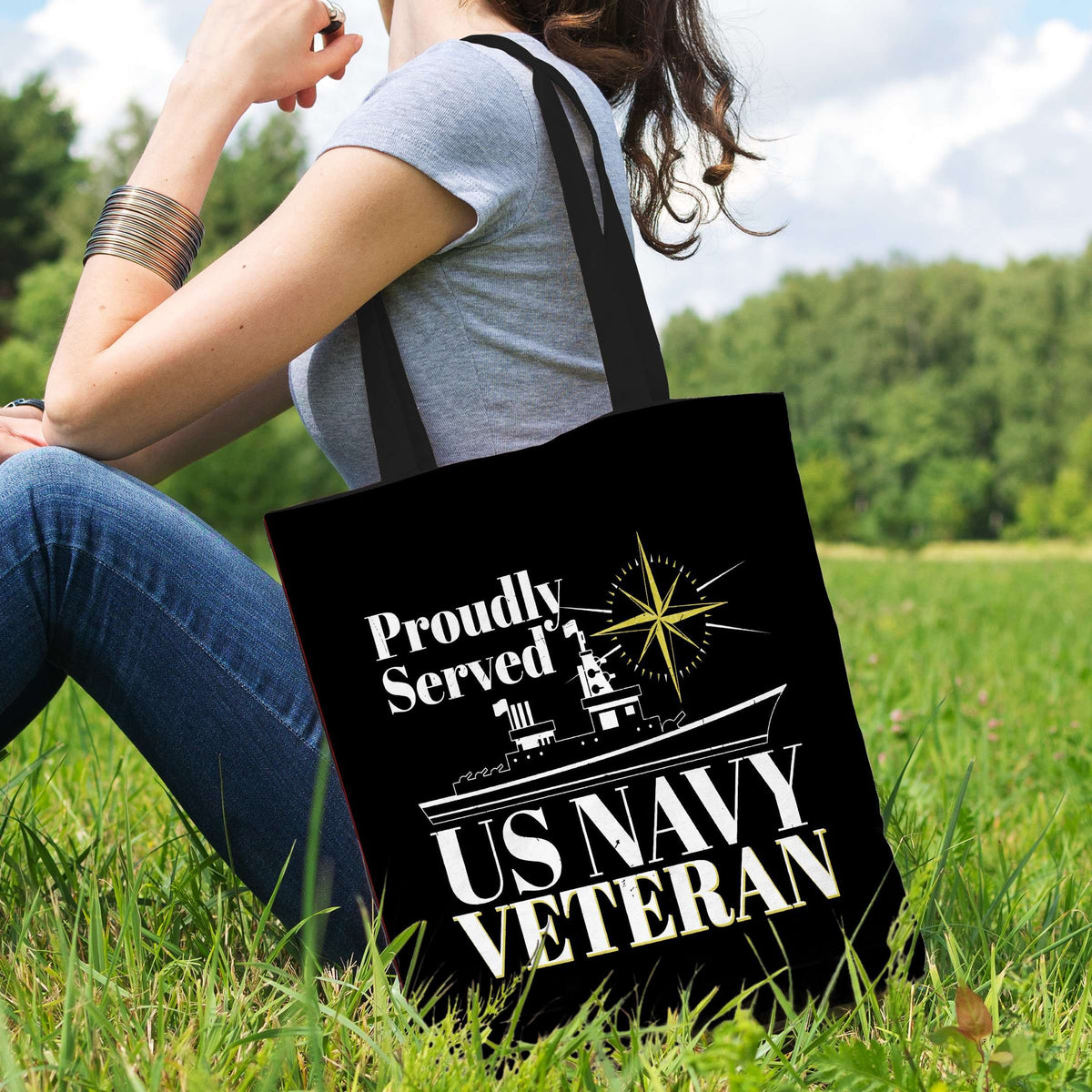 Designs by MyUtopia Shout Out:Proudly Served US Navy Veteran Fabric Totebag Reusable Shopping Tote