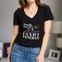Load image into Gallery viewer, Designs by MyUtopia Shout Out:Proudly Served US Navy Veteran Ladies&#39; V-Neck T-Shirt,Black / S,Ladies T-Shirts
