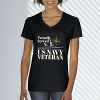Load image into Gallery viewer, Designs by MyUtopia Shout Out:Proudly Served US Navy Veteran Ladies&#39; V-Neck T-Shirt
