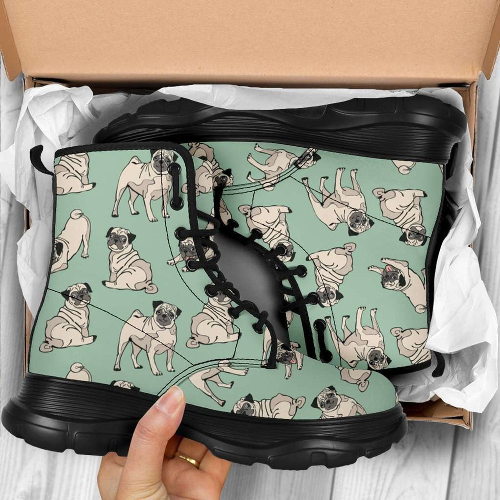 Designs by MyUtopia Shout Out:Pugs Animal Print  7 Eye Sneaker Walking Boots,Women's / Ladies US5 (EU35) / Green,Lace-up Boots