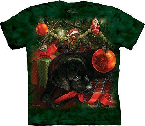 Designs by MyUtopia Shout Out:Puppy Reflections, Christmas Play, Holiday Spirit By The Mountain Tee Shirt,Short Sleeve / Green / Small,Adult Unisex T-Shirt