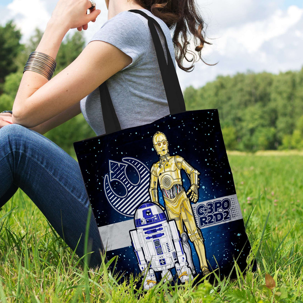 Designs by MyUtopia Shout Out:R2D2 and C-3PO Fabric Totebag Reusable Shopping Tote