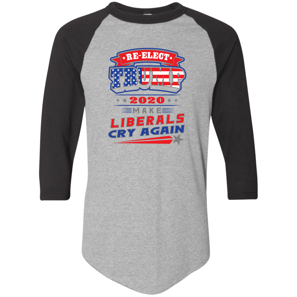 Designs by MyUtopia Shout Out:Re-Elect Trump Make Liberals Cry 3/4 Length Sleeve Color block Raglan Jersey T-Shirt,Athletic Heather/Black / S,Long Sleeve T-Shirts