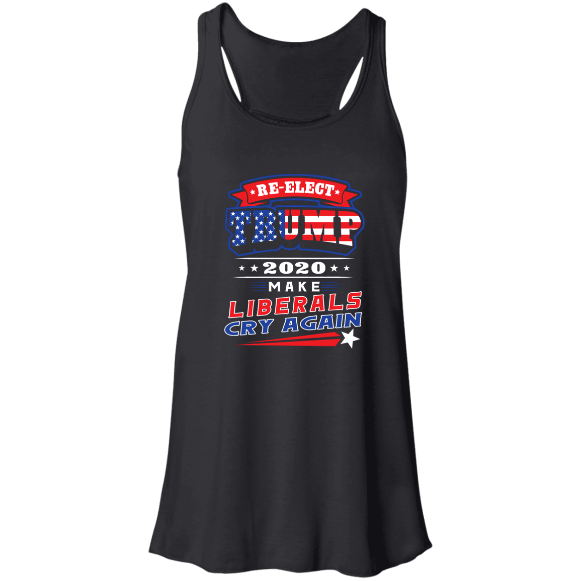 Designs by MyUtopia Shout Out:Re-Elect Trump Make Liberals Cry Flowy Racerback Tank - Black,X-Small / Black,Tank Tops