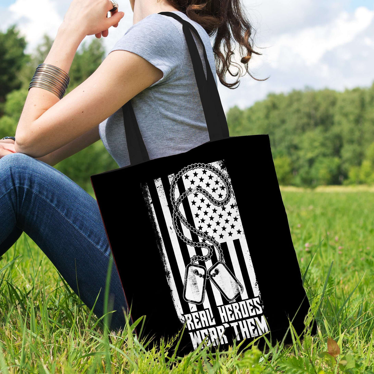 Designs by MyUtopia Shout Out:Real Heroes Wear Dog Tags Fabric Totebag Reusable Shopping Tote