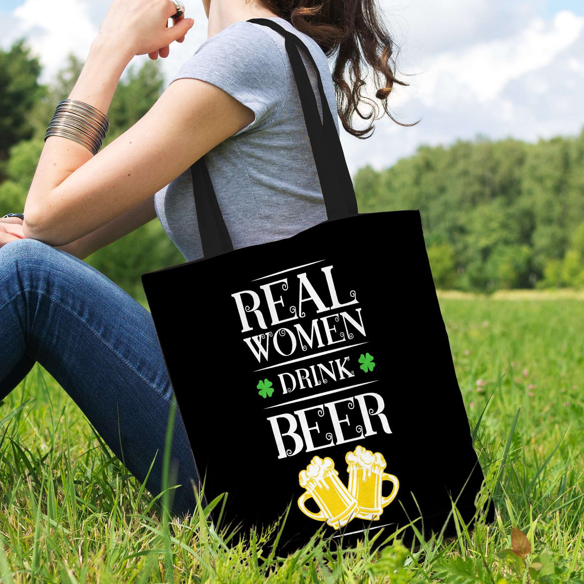 Designs by MyUtopia Shout Out:Real Women Drink Beer Fabric Totebag Reusable Shopping Tote