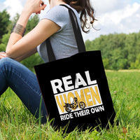 Load image into Gallery viewer, Designs by MyUtopia Shout Out:Real Women Ride Their Own Bike Fabric Totebag Reusable Shopping Tote
